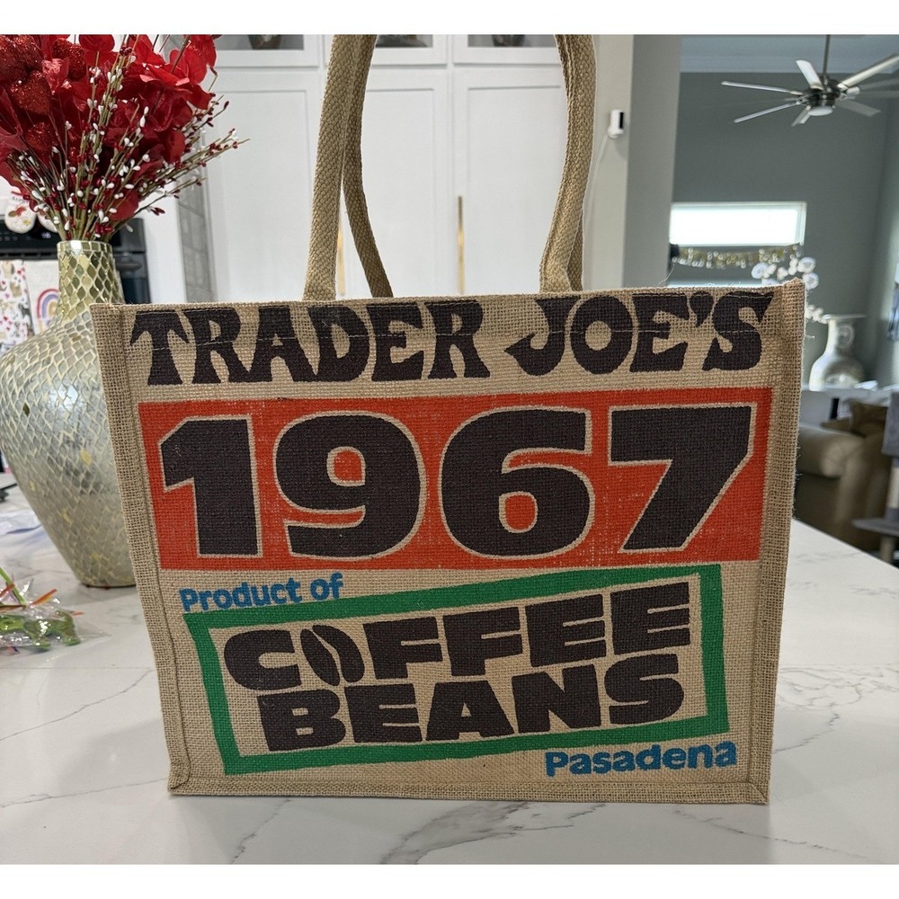 Trader Joe's Tote Bag Womens Medium Multicolor 1967 Coffee Beans Jute Pasadena